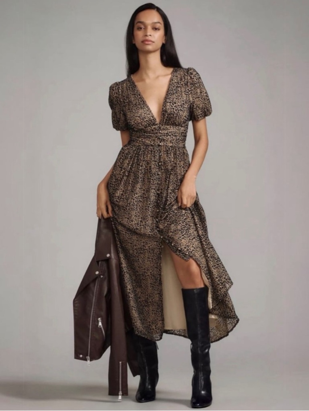ANTHROPOLOGIE Black Katerina Velvet Leopard Midi Dress Size 8 V Neck NWT